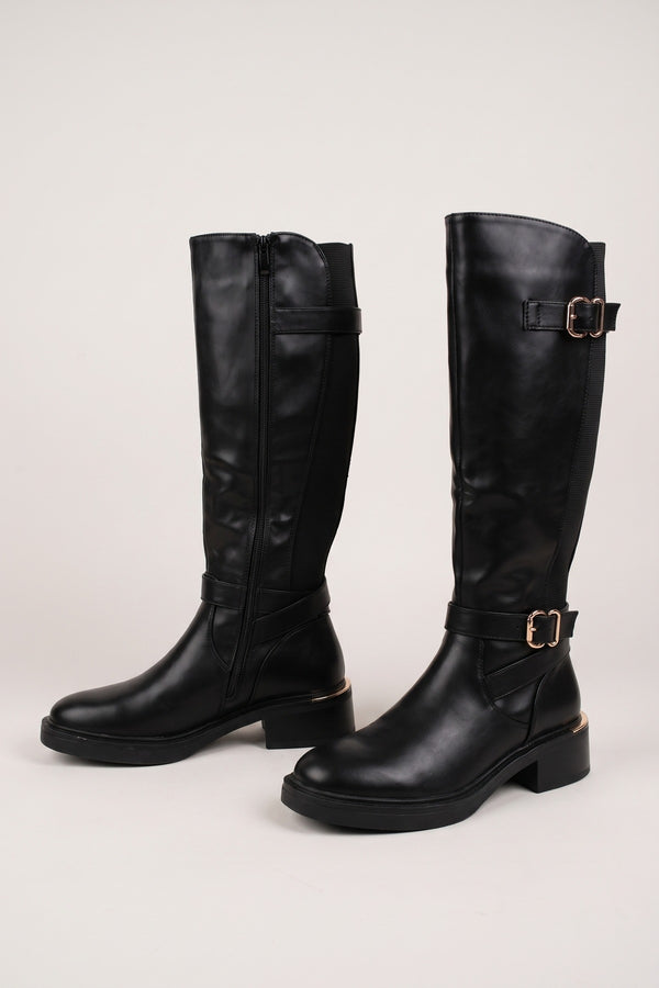 Signe Double Buckle Knee High Riding Boots - Black