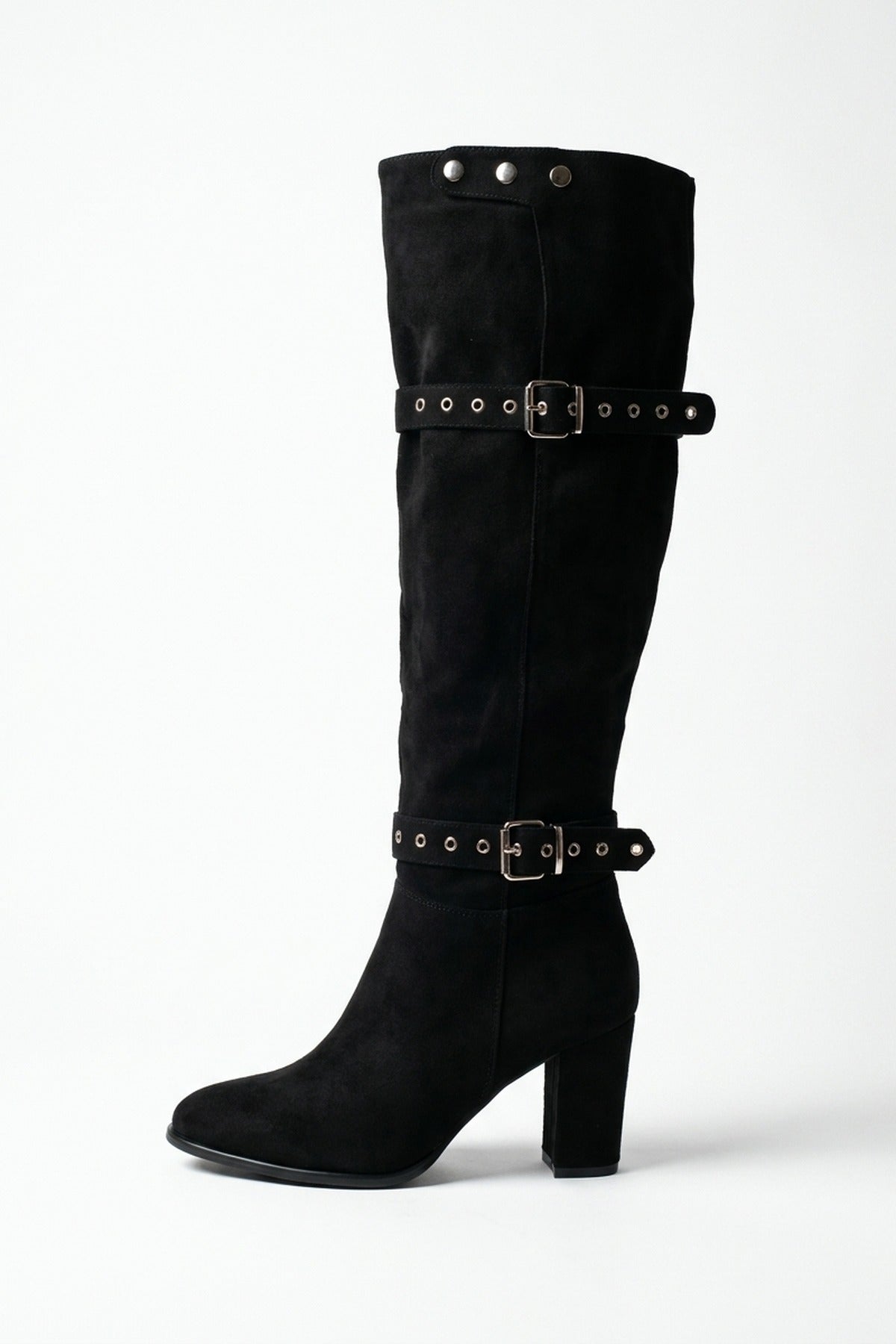 Tamsin Faux Suede Over The Knee Buckle Strap Boots - Black