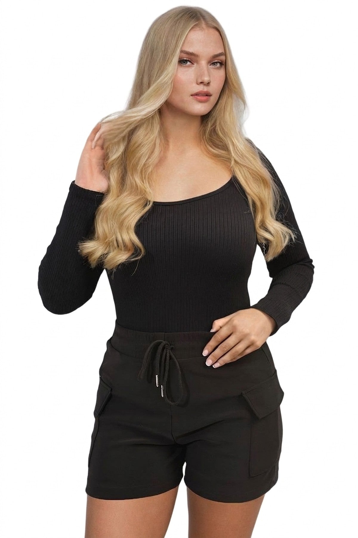 Dulce Elastic Waist Drawstring Pocket Detail Shorts - Black_wb