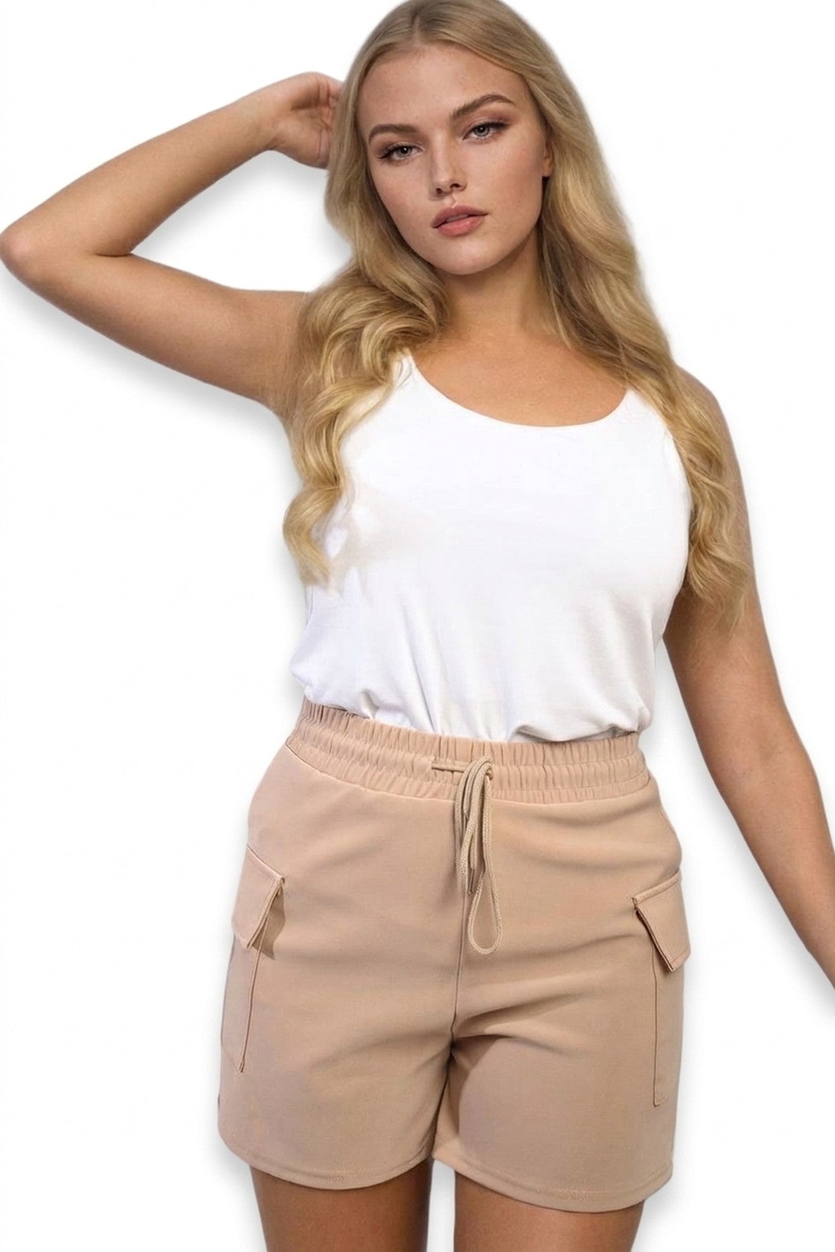 Dulce Elastic Waist Drawstring Pocket Detail Shorts - MOCHA