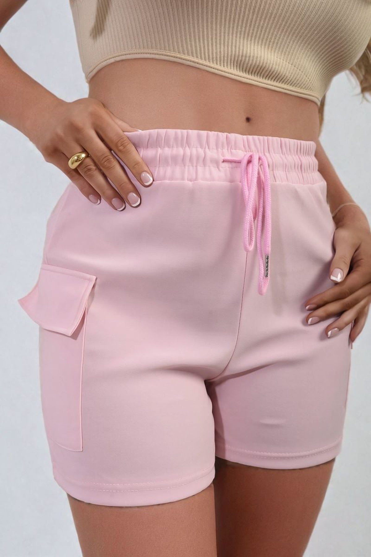 Dulce Elastic Waist Drawstring Pocket Detail Shorts - Pink