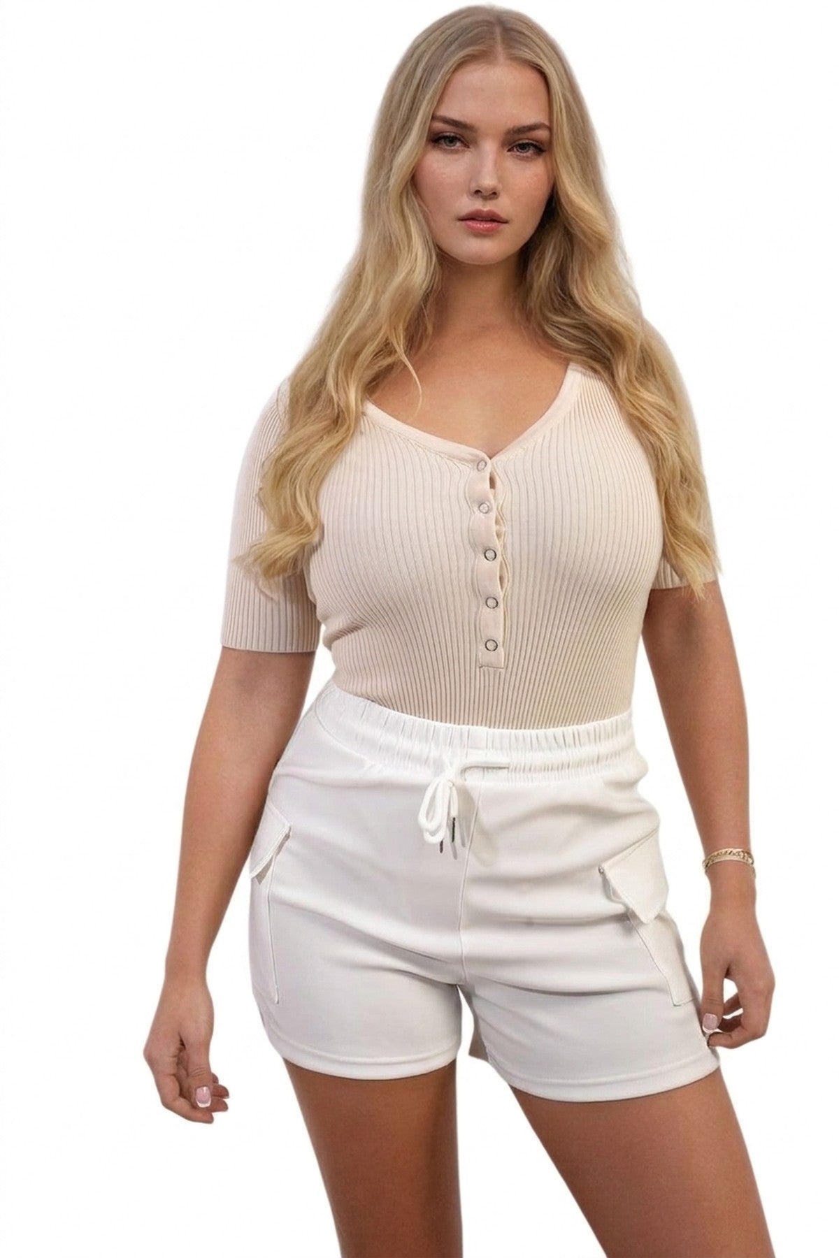 Dulce Elastic Waist Drawstring Pocket Detail Shorts - White