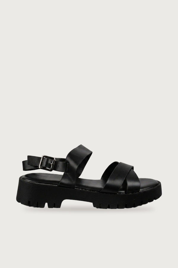 Edie Chunky Sole Crossover Strap Sandals - Black