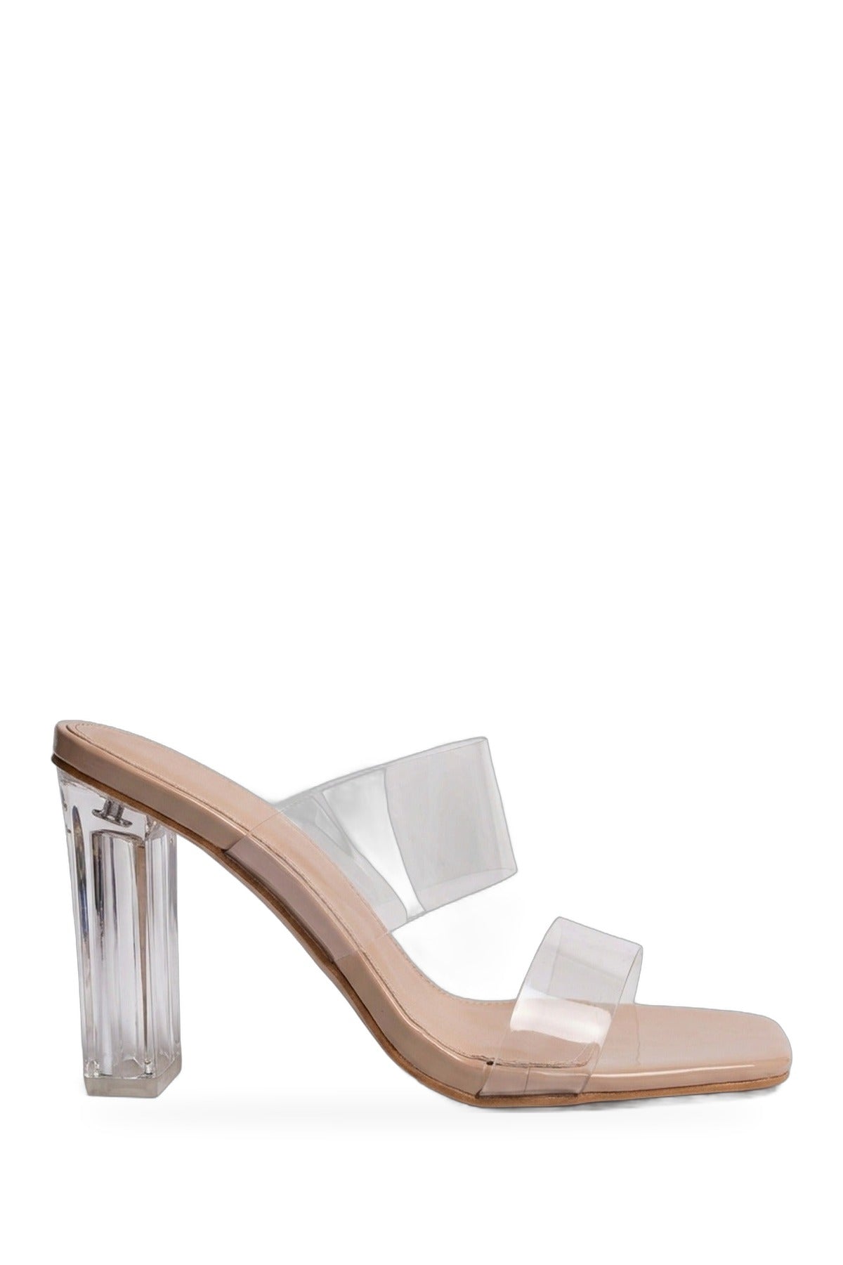 Edie Clear Strap High Block Heel Mules - Beige