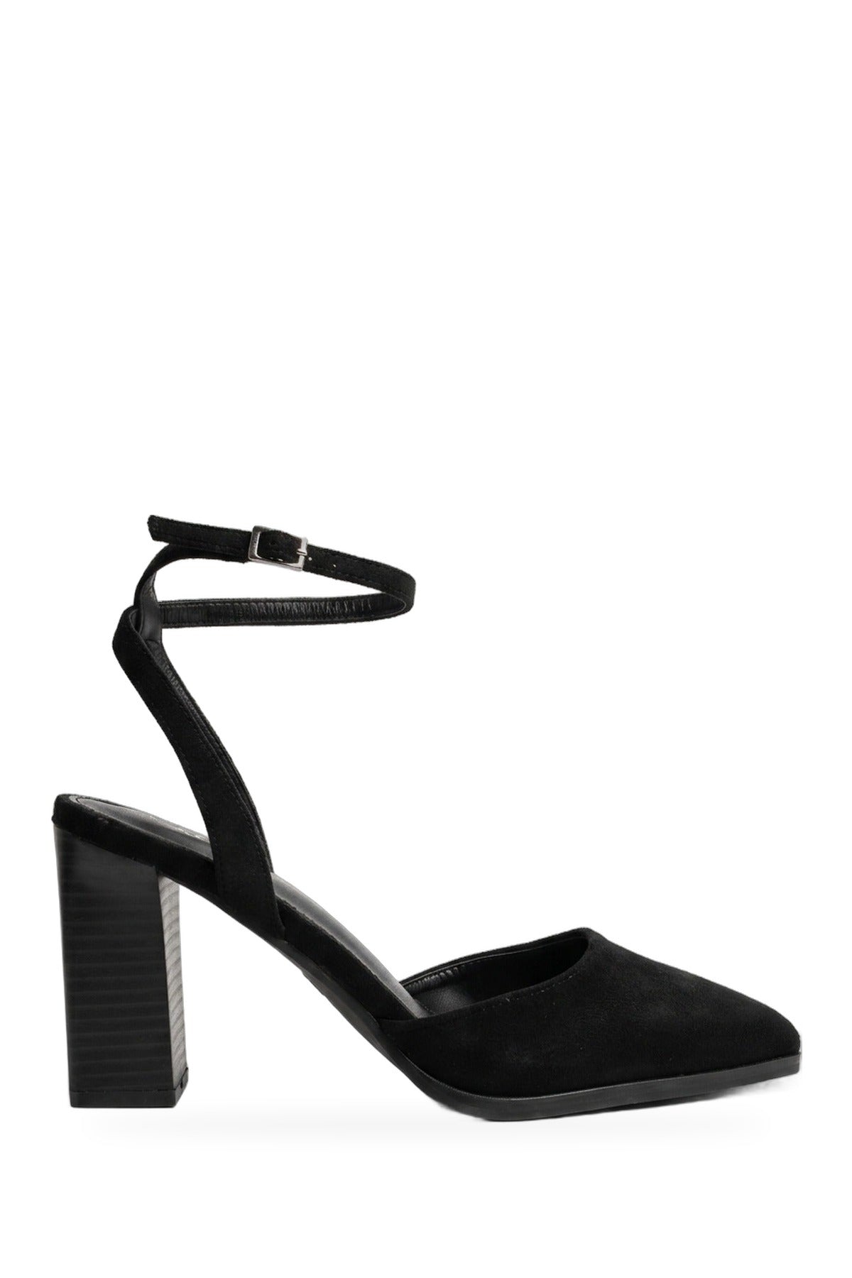 Edie Faux Suede Ankle Wrap Block Heels - Black