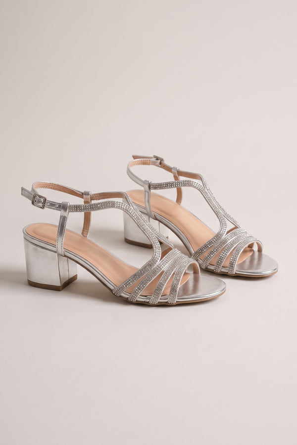 Edie Metallic T Strap Rhinestone Sandals - SILVER