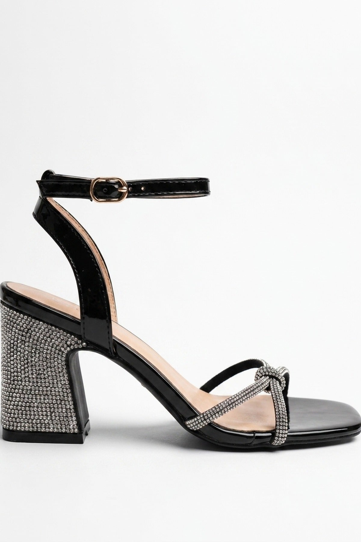 Edie Rhinestone Block Heel Knotted Sandals - Black