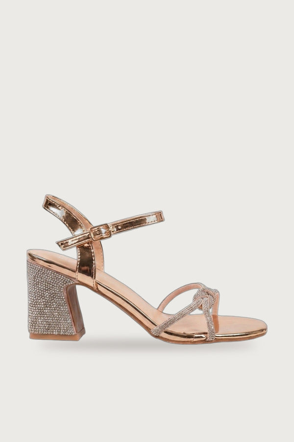 Edie Rhinestone Block Heel Knotted Sandals - Champagne