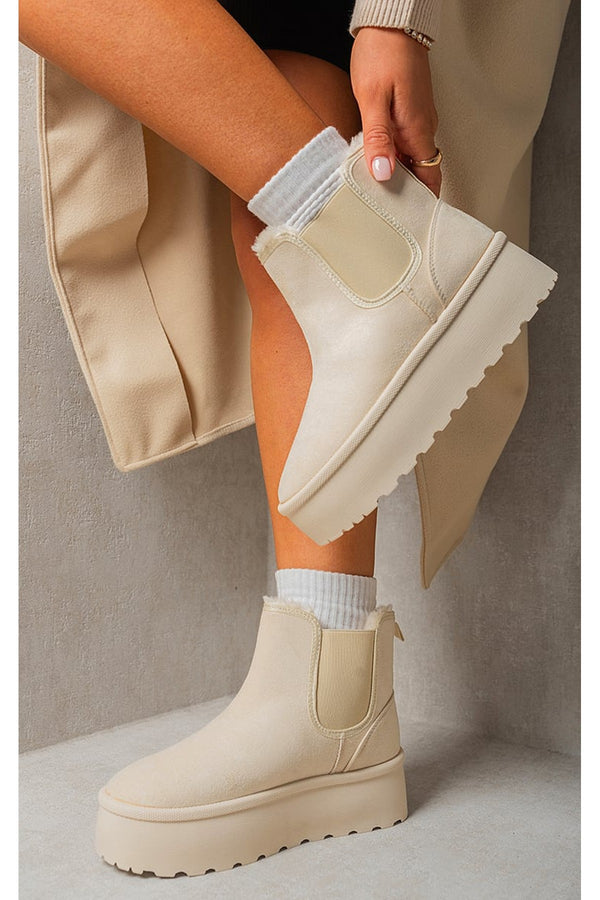 Edith Fluffy Platform Sole Chelsea Faux Fur Lined Ankle Boots - Beige