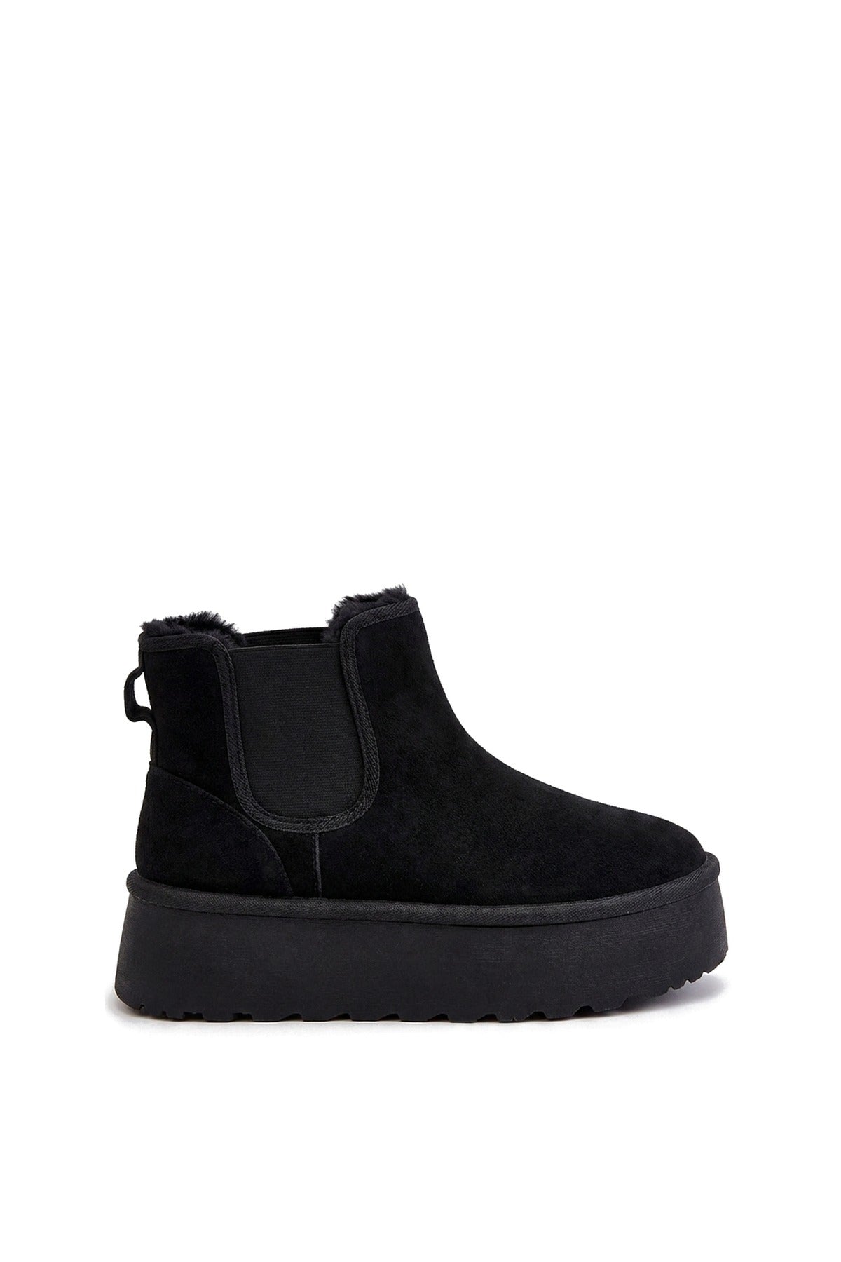 Edith Fluffy Platform Sole Chelsea Faux Fur Lined Ankle Boots - Black