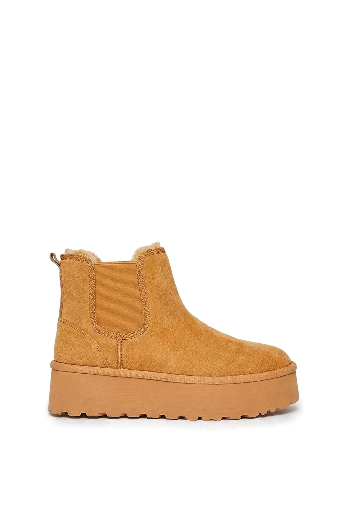 Edith Fluffy Platform Sole Chelsea Faux Fur Lined Ankle Boots - Camel
