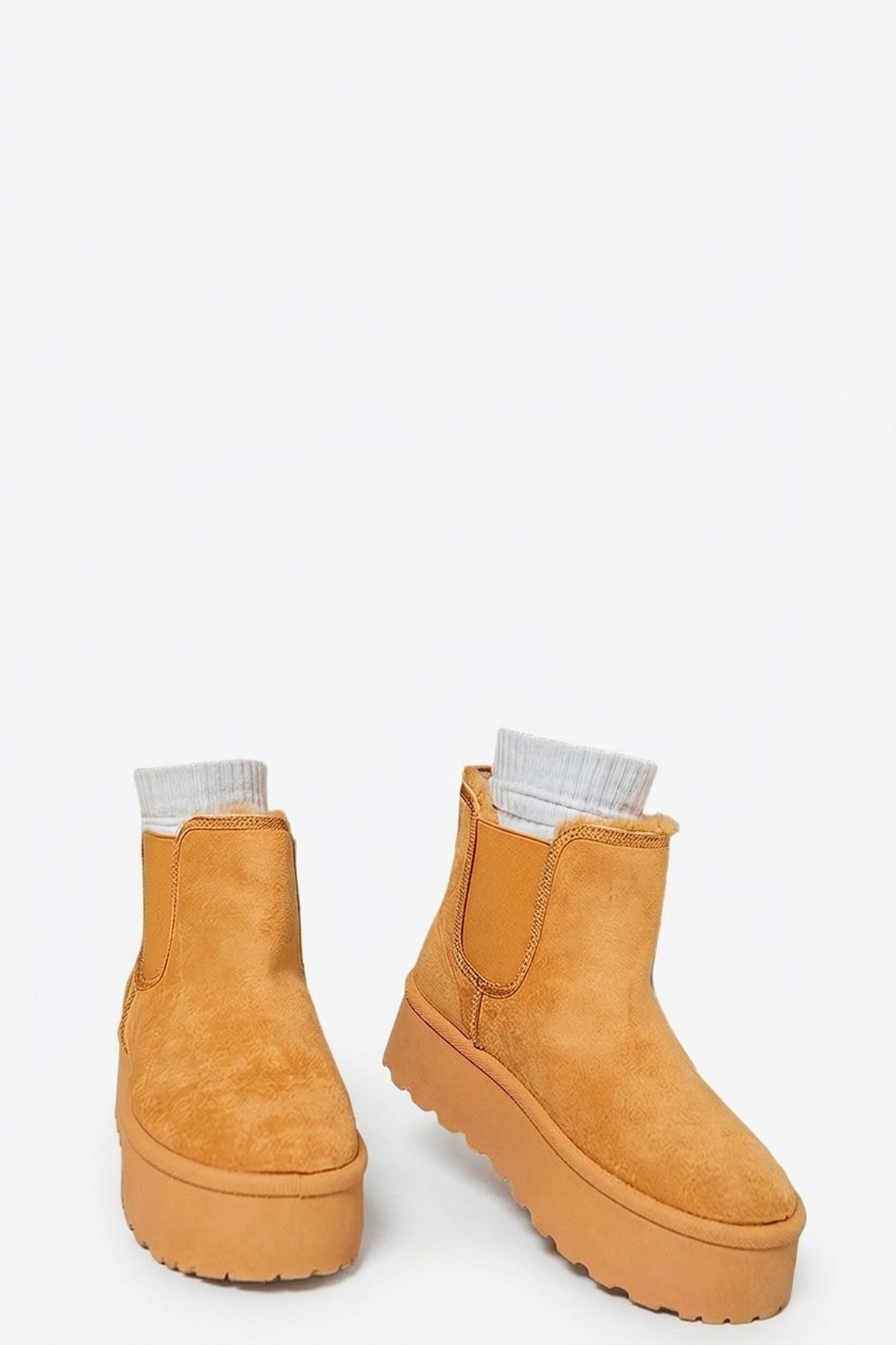 Edith Fluffy Platform Sole Chelsea Faux Fur Lined Ankle Boots - Camel