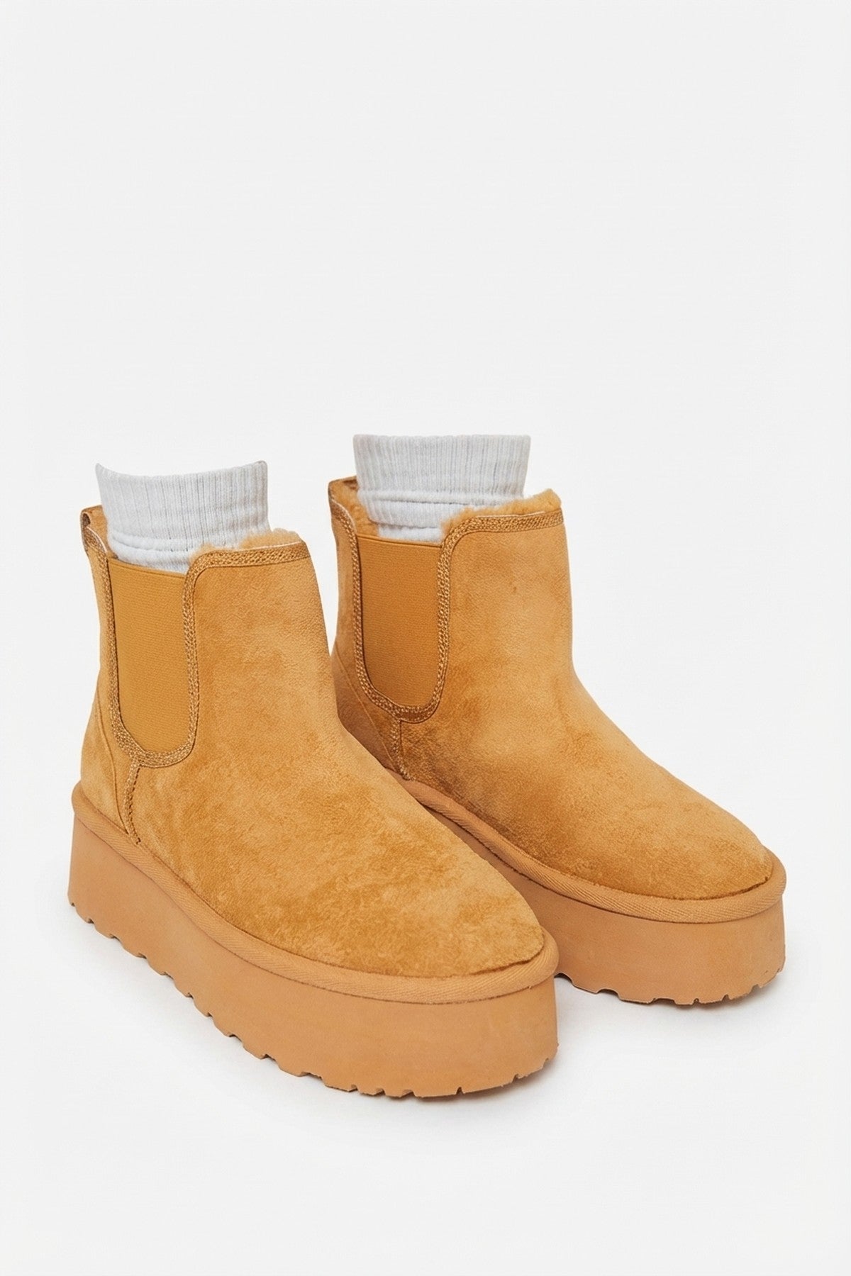 Edith Fluffy Platform Sole Chelsea Faux Fur Lined Ankle Boots - Camel