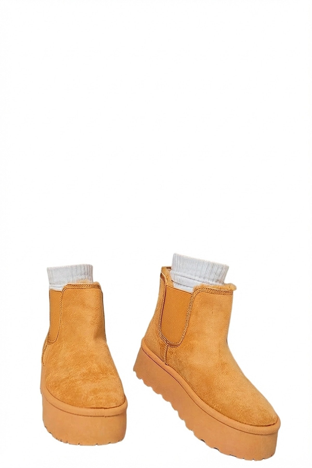 Edith Fluffy Platform Sole Chelsea Faux Fur Lined Ankle Boots - Camel
