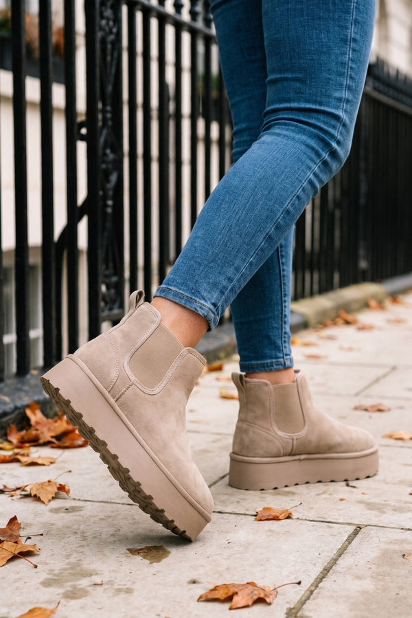 Edith Fluffy Platform Sole Chelsea Faux Fur Lined Ankle Boots - Mocha