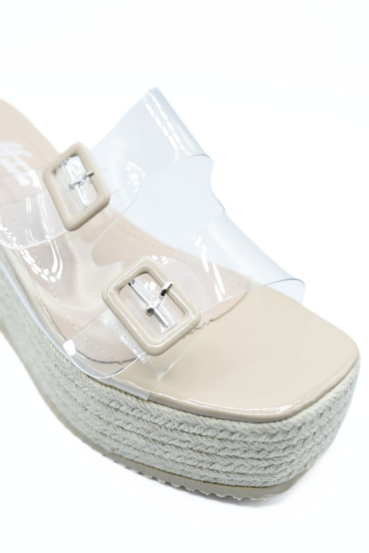 Edna Double Buckle Transparent Straps Slip On Wedge Heels - Beige