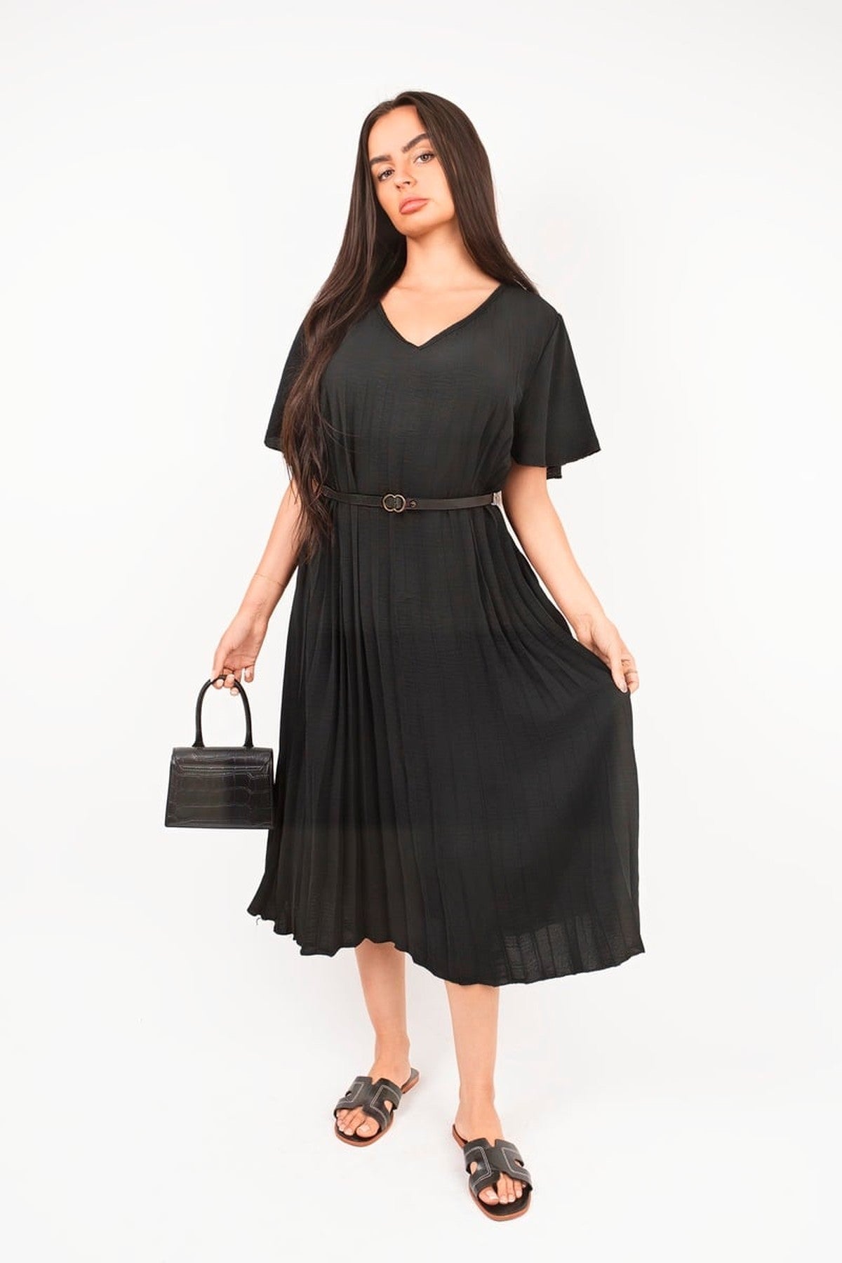 Elidi Short Sleeve Pleated Midi Dress With Waist Belt - Black