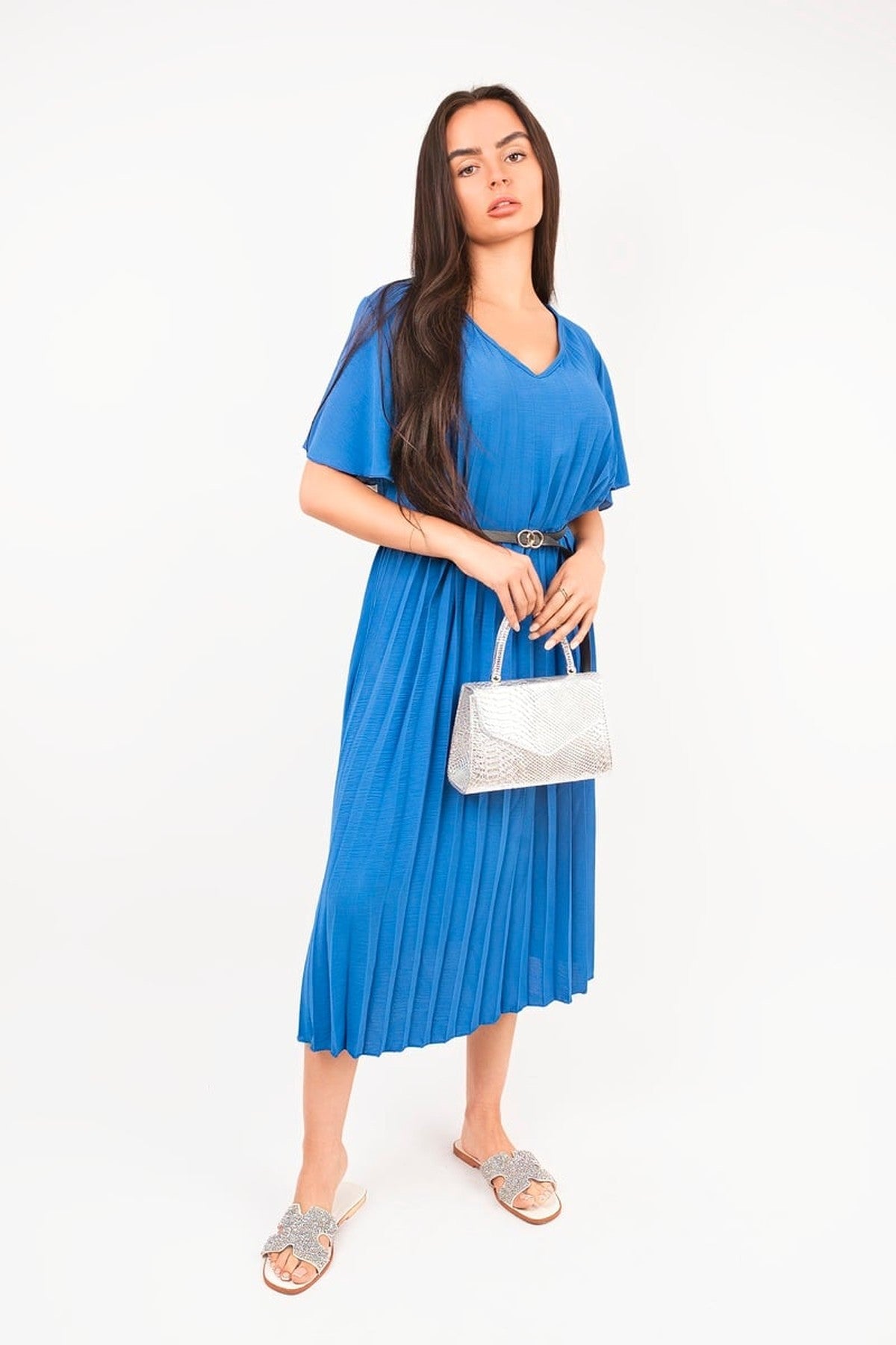 Elidi Short Sleeve Pleated Midi Dress With Waist Belt - Royal