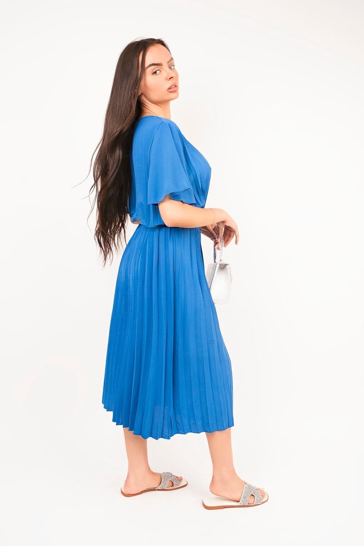 Elidi Short Sleeve Pleated Midi Dress With Waist Belt - Royal