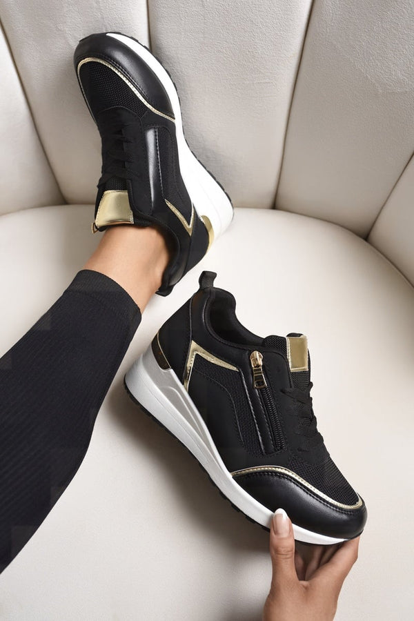 Elira Zip Side Mesh Panel Wedge Trainers - Black