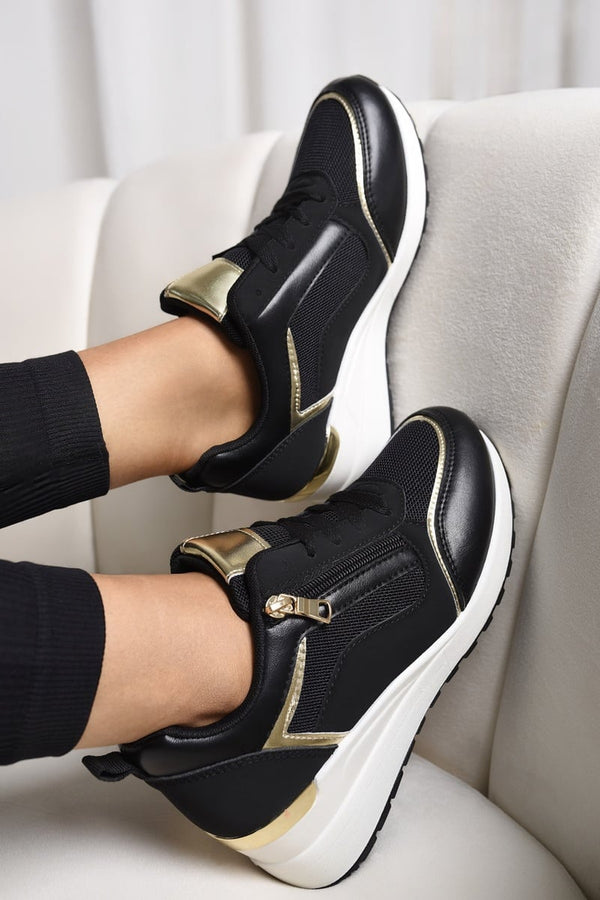Elira Zip Side Mesh Panel Wedge Trainers - Black