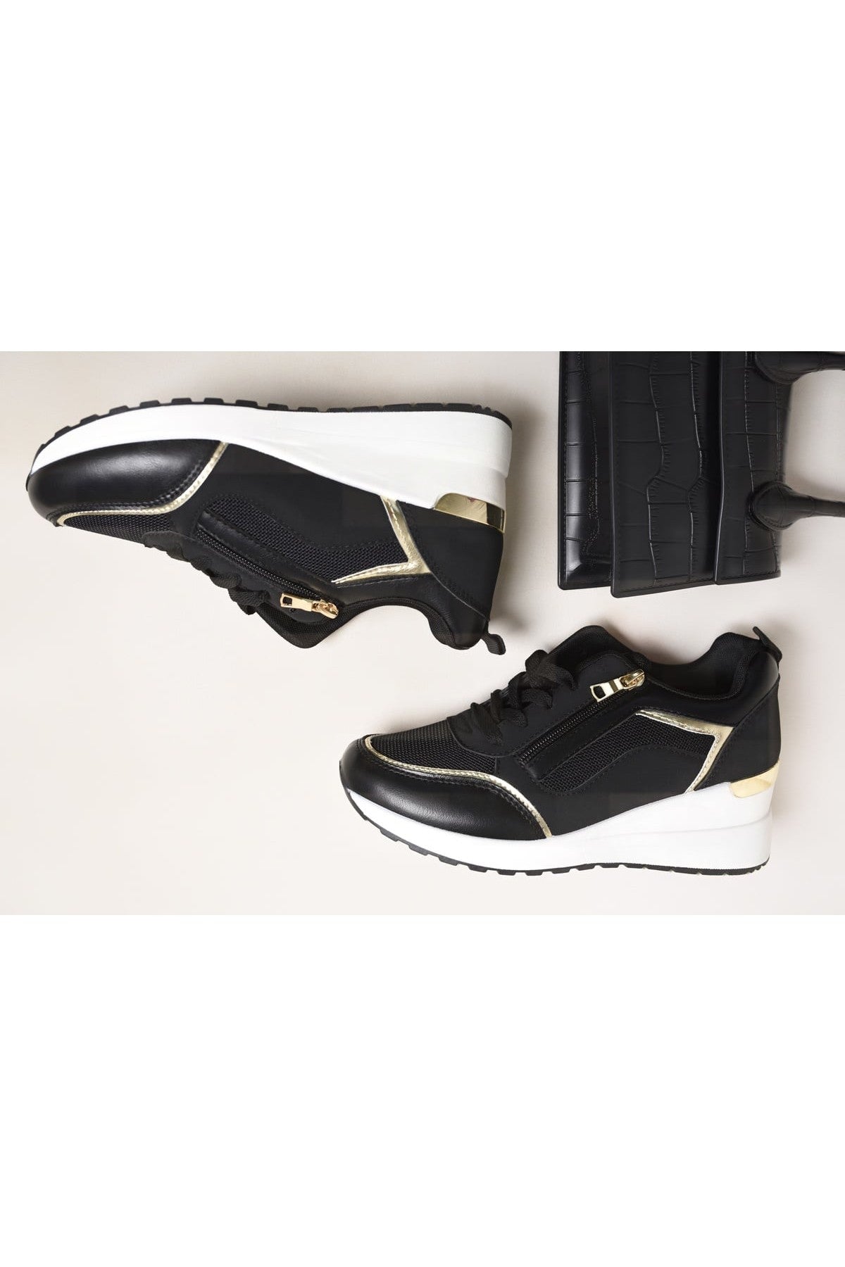 Elira Zip Side Mesh Panel Wedge Trainers - Black