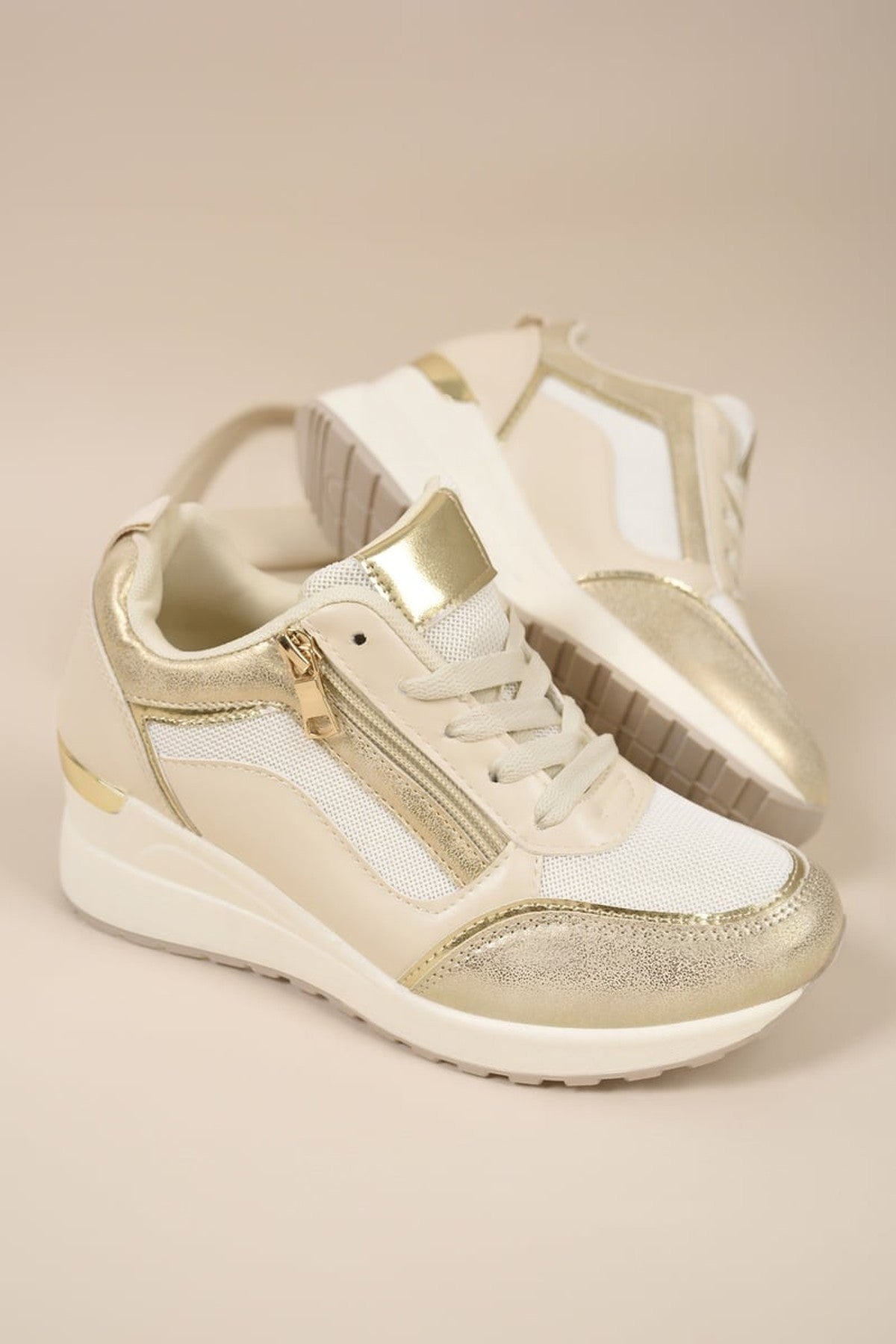 Elira Zip Side Mesh Panel Wedge Trainers - Gold