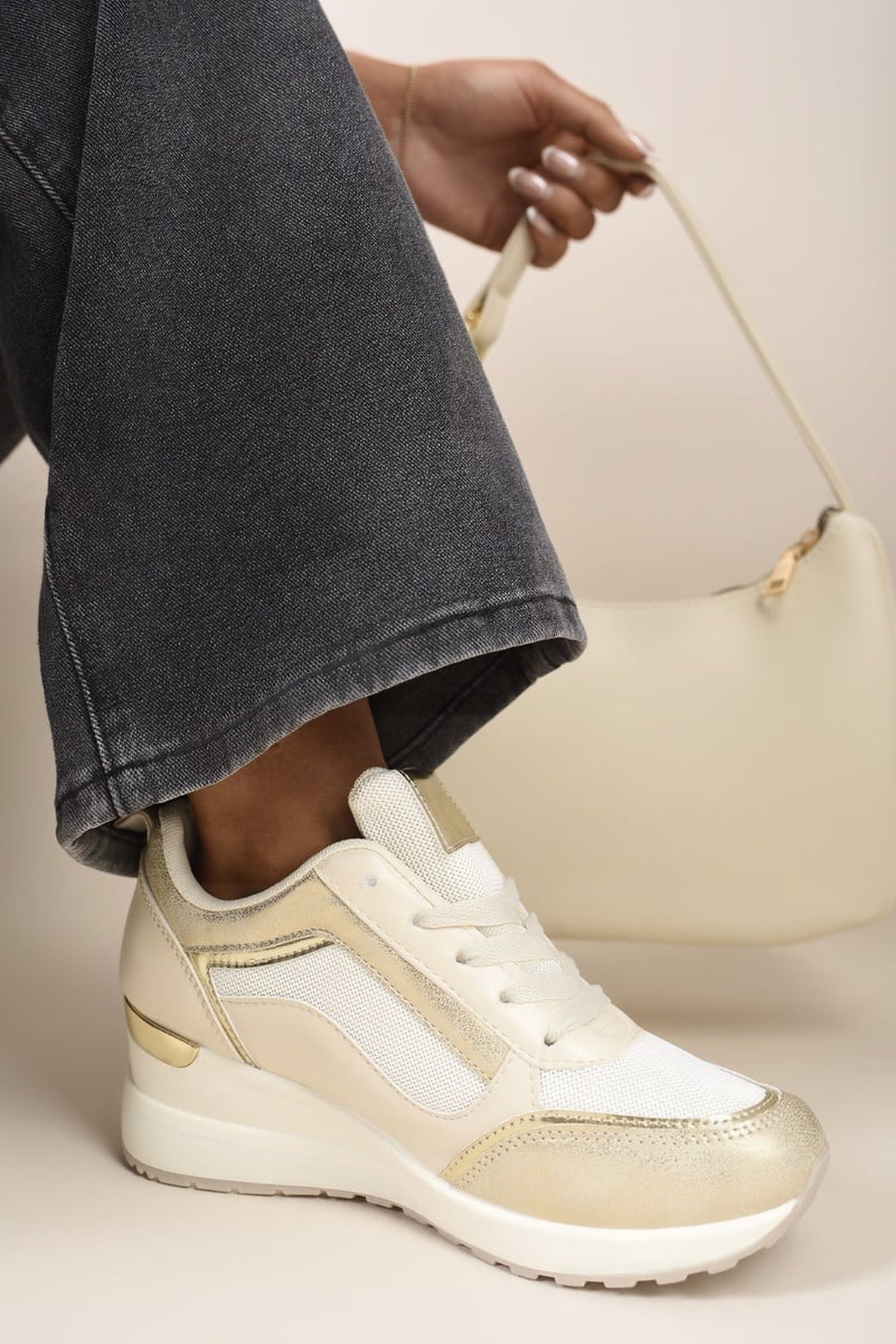 Elira Zip Side Mesh Panel Wedge Trainers - Gold