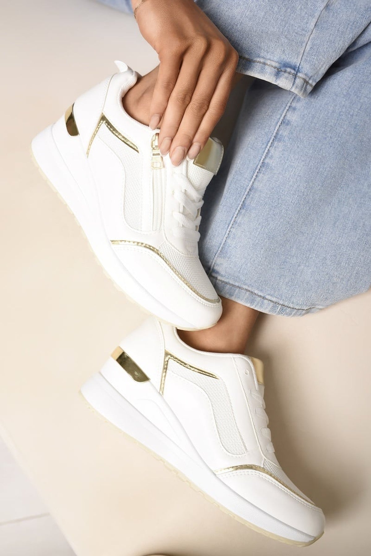 Elira Zip Side Mesh Panel Wedge Trainers - White
