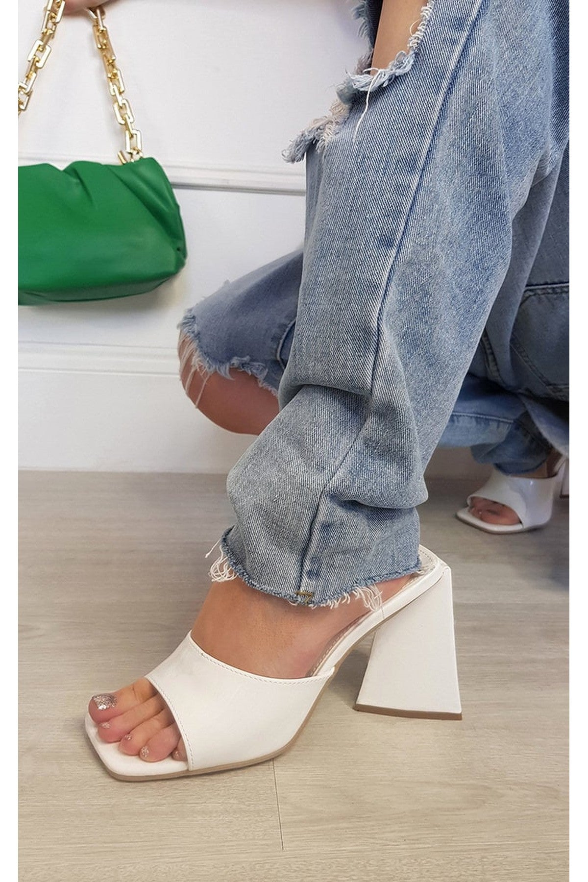 Ellen Slip On Block Heels - White