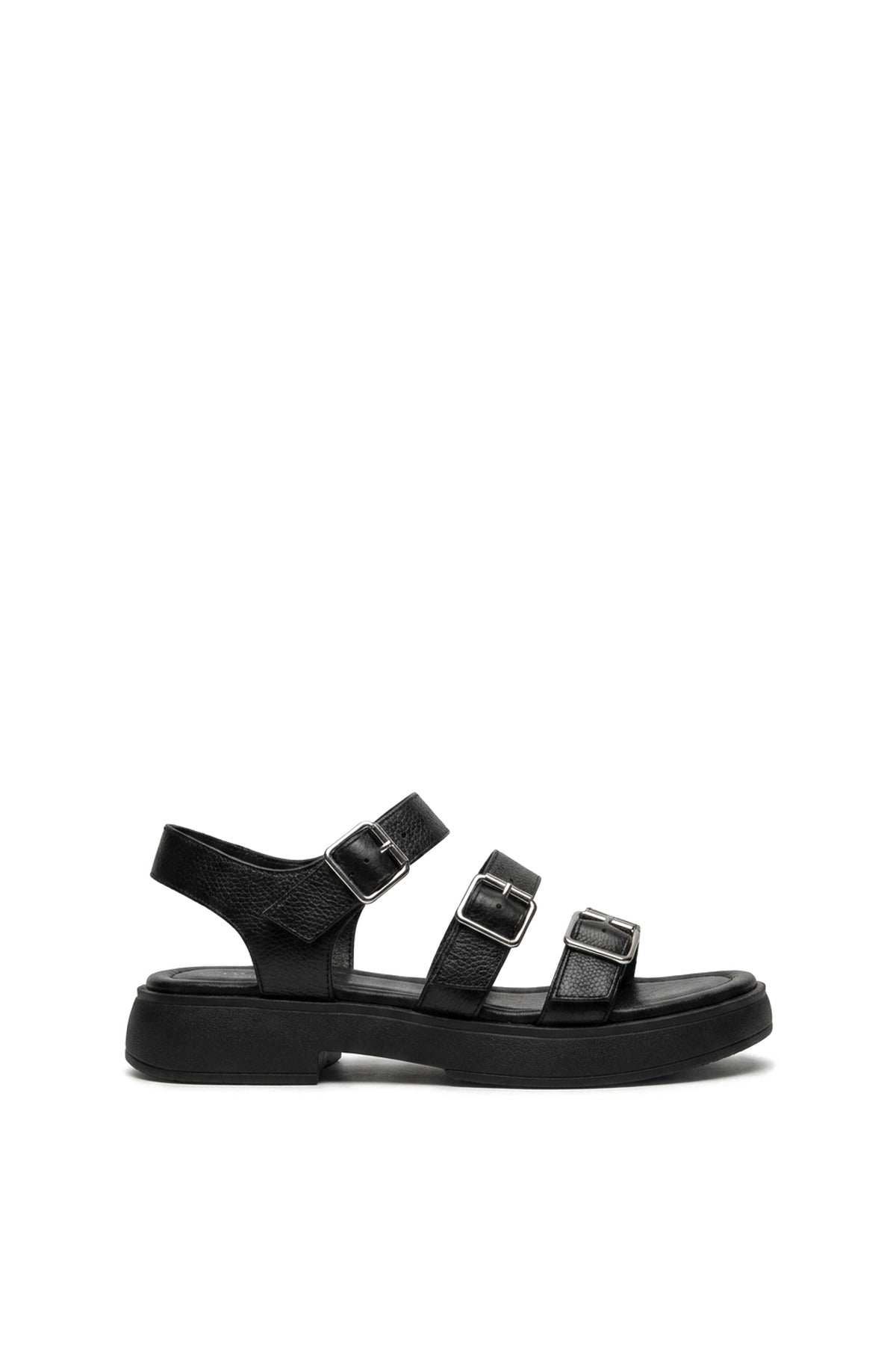 Elora Triple Buckle Flat Sandals - Black