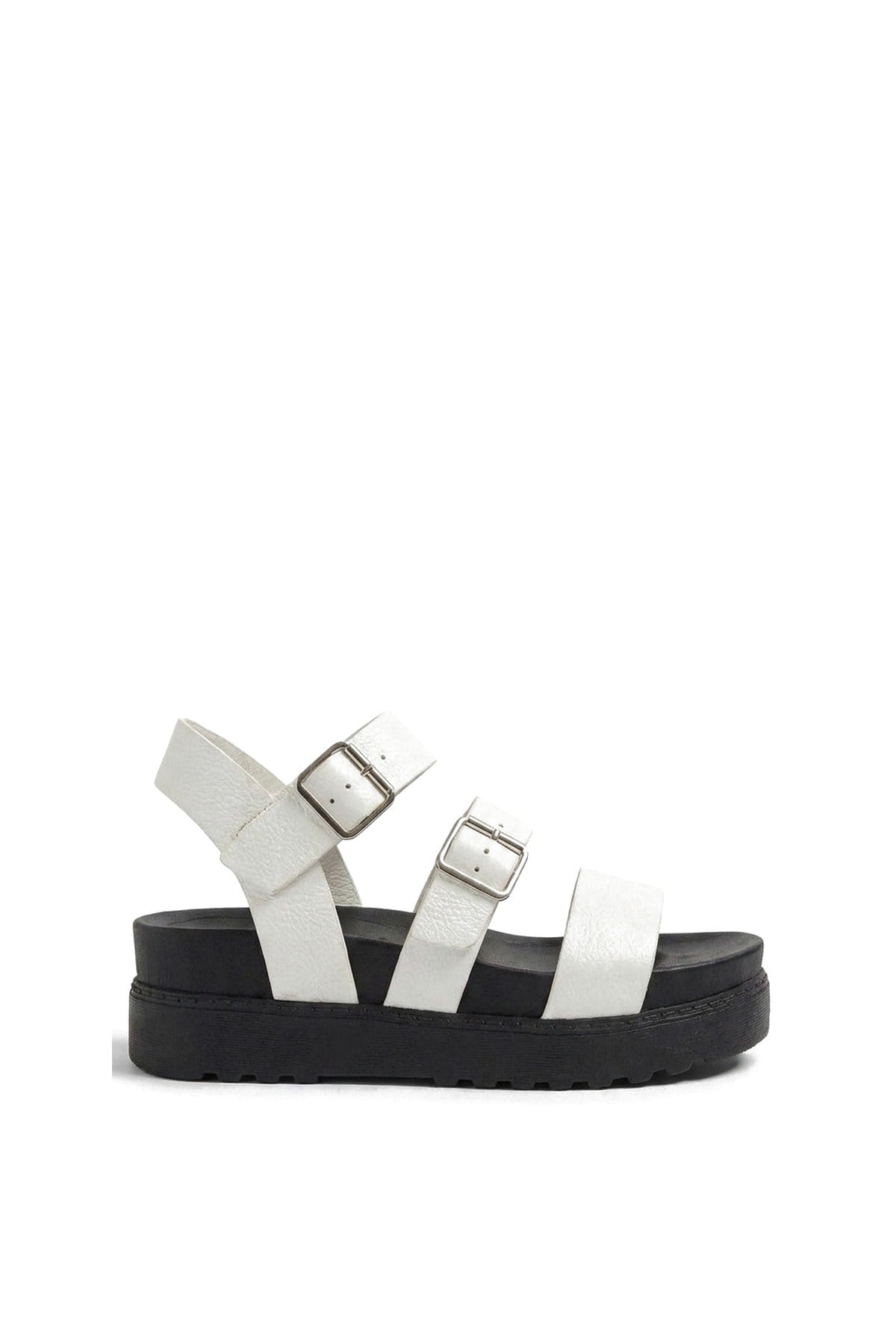 Elora Triple Buckle Flat Sandals - White