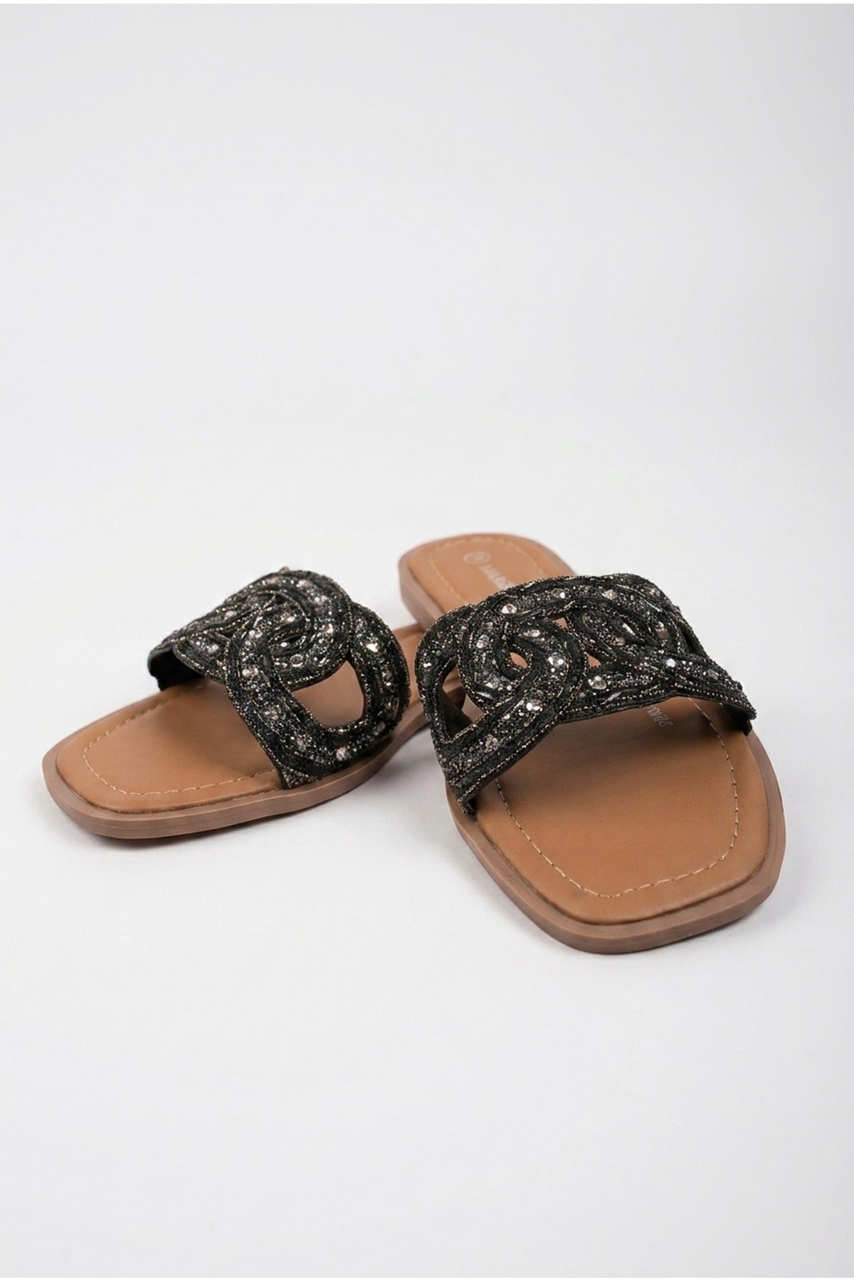Maud Embellished Woven Knot Flat Sliders - Black