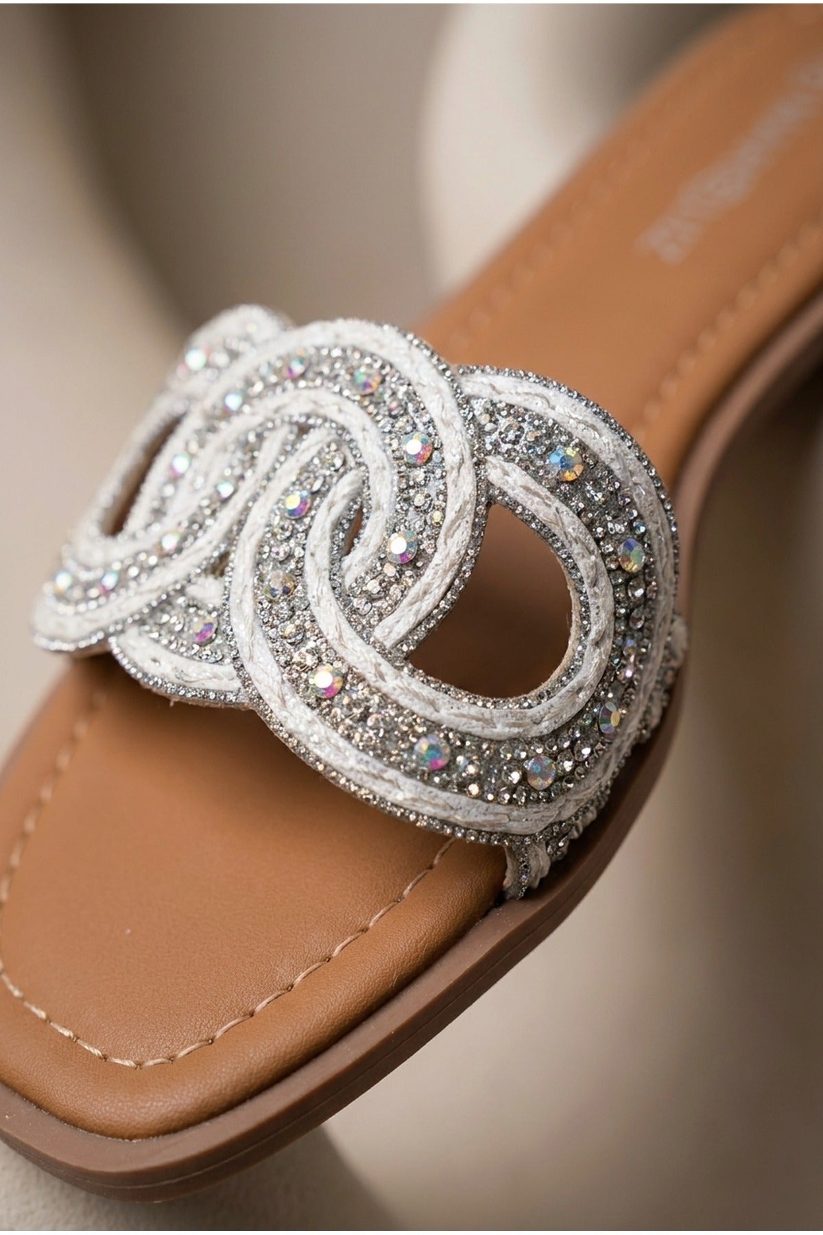 Maud Embellished Woven Knot Flat Sliders - White