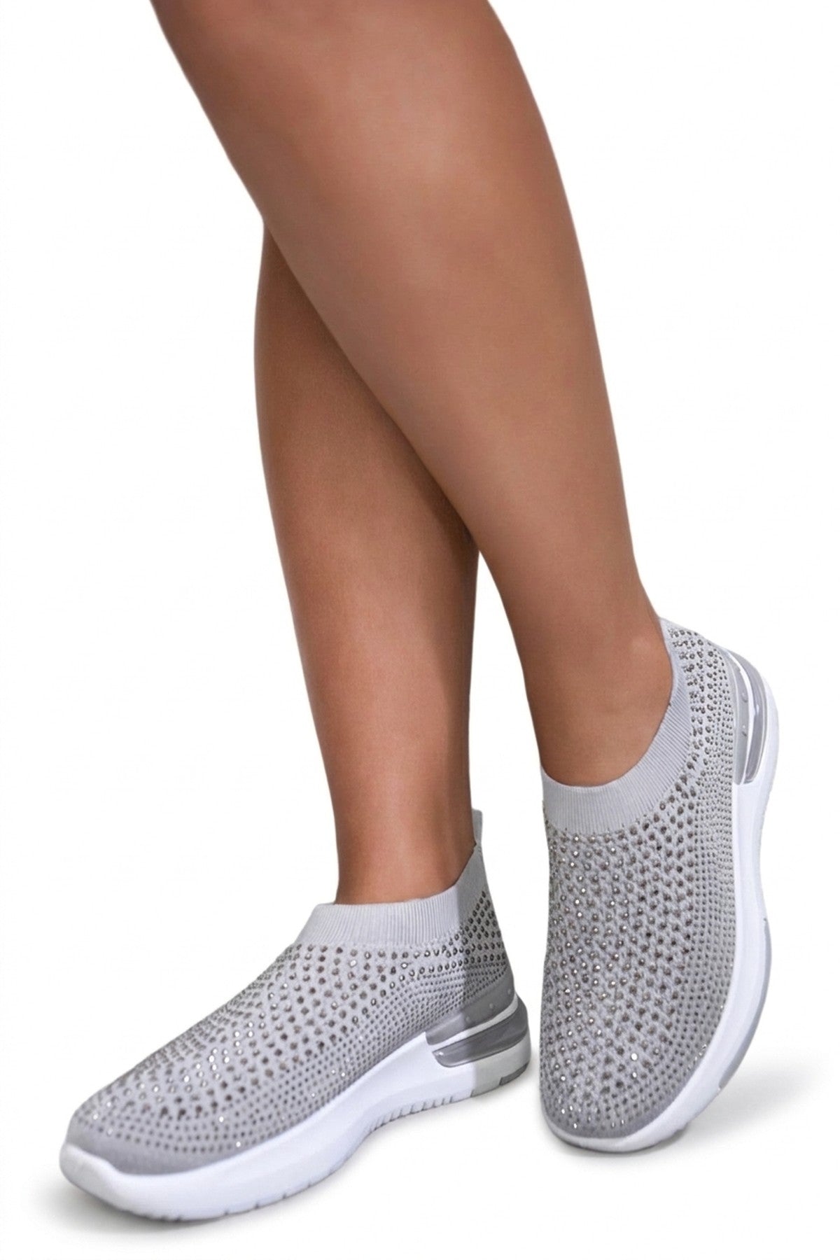 Ember Rhinestone Decor Slip On Sock Trainers - Grey