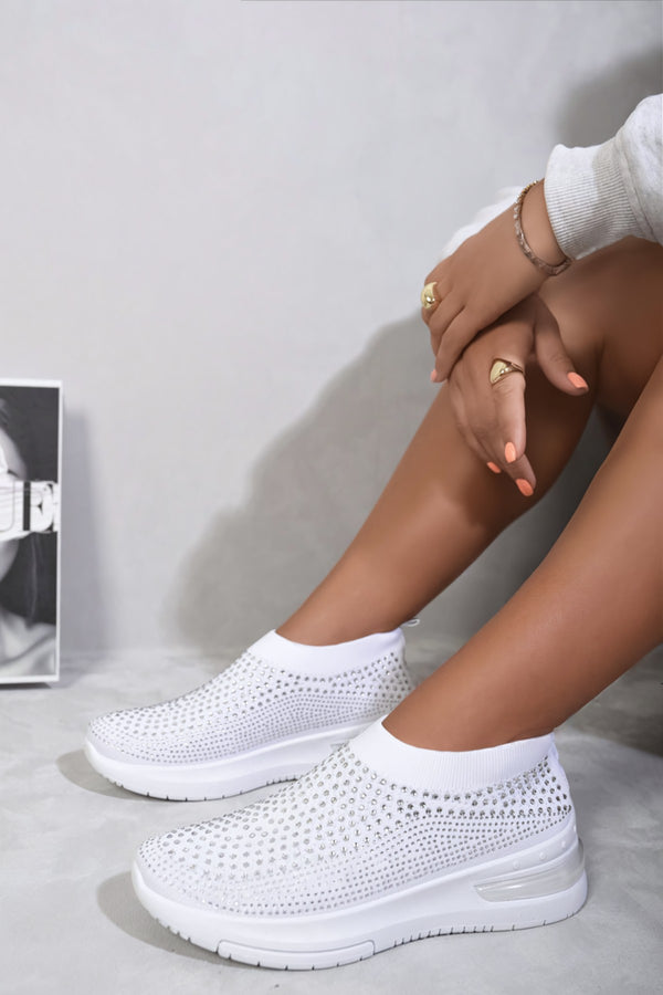 Ember Rhinestone Decor Slip On Sock Trainers - White