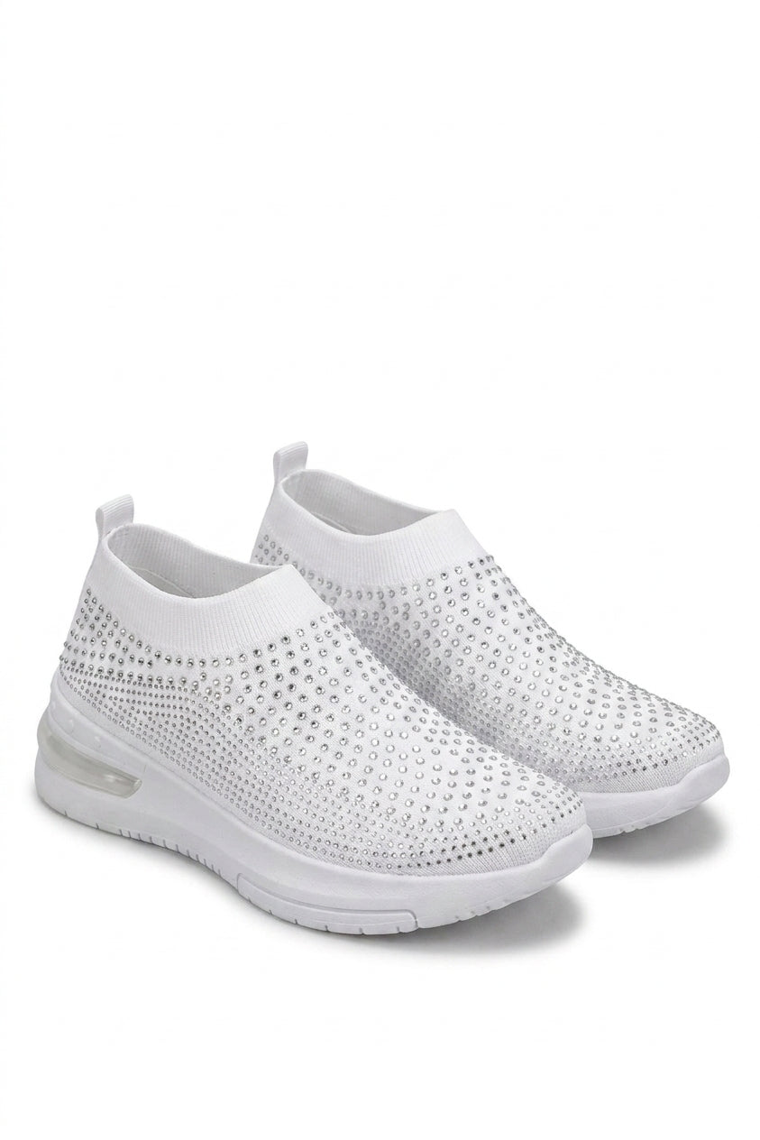 Ember Rhinestone Decor Slip On Sock Trainers - White