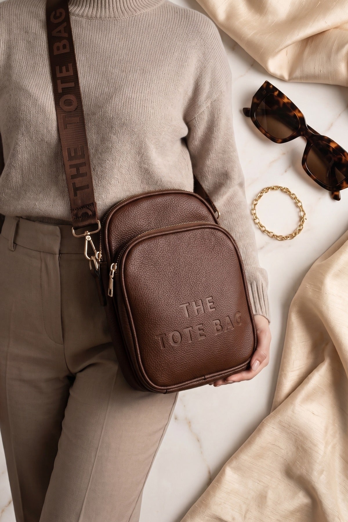 Ginevra Embossed Faux Leather Crossbody Bag - Brown
