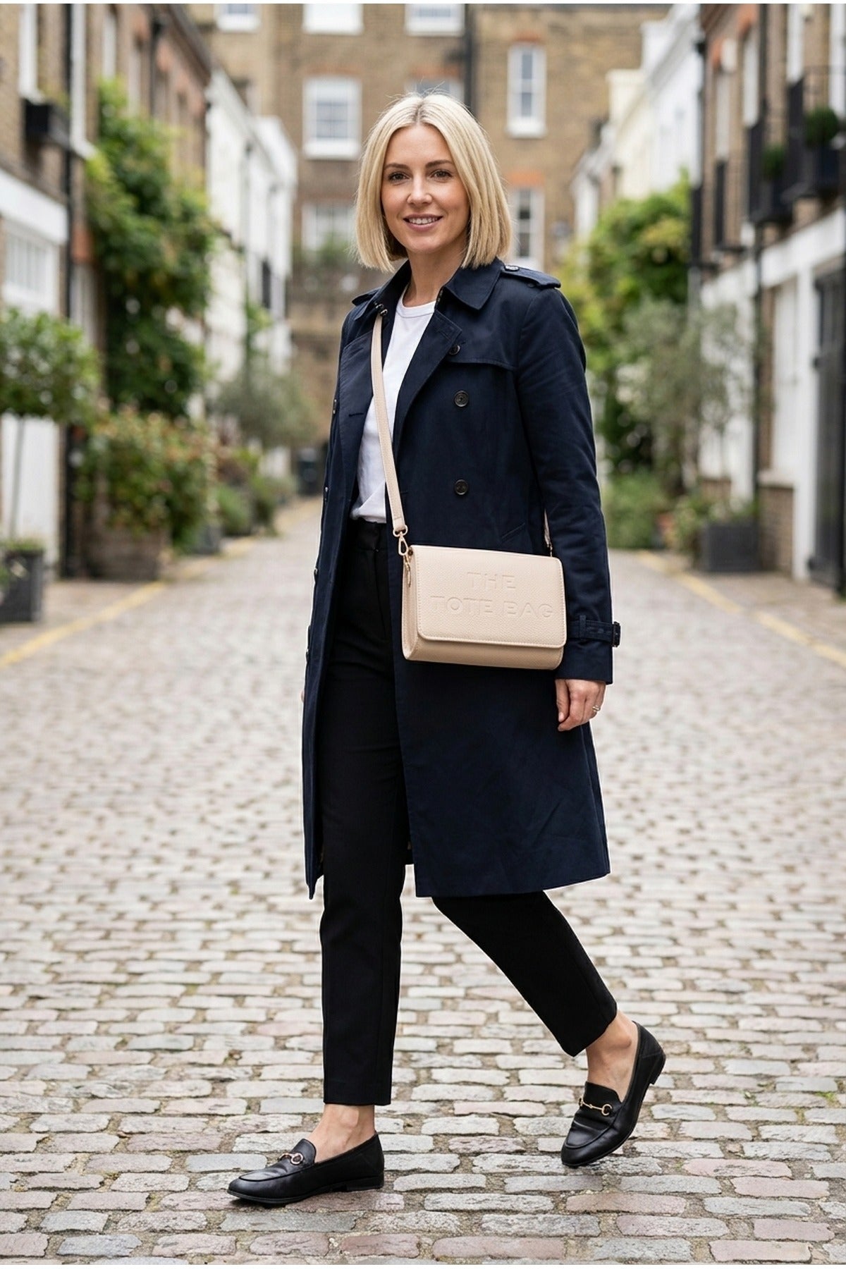 Constance Pebbled Faux Leather Text Bag - Beige