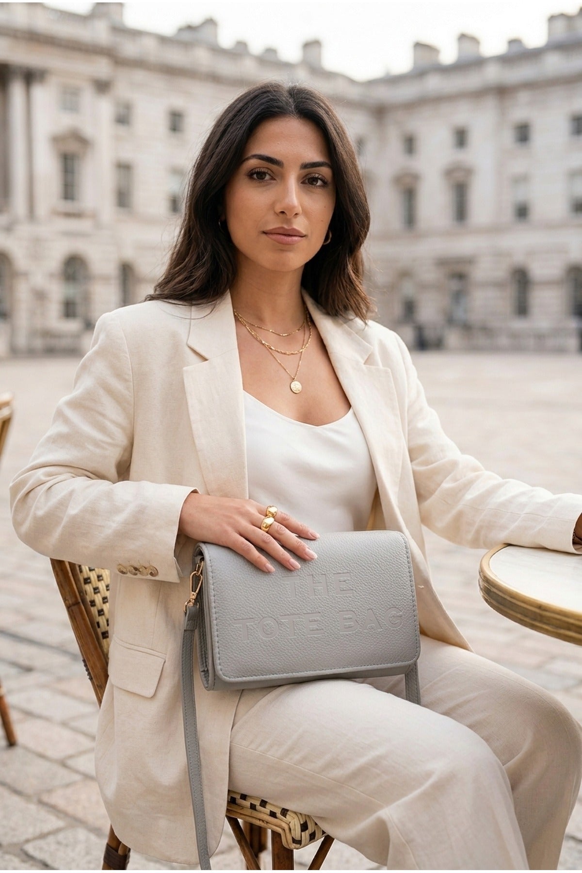 Constance Pebbled Faux Leather Text Bag - Grey