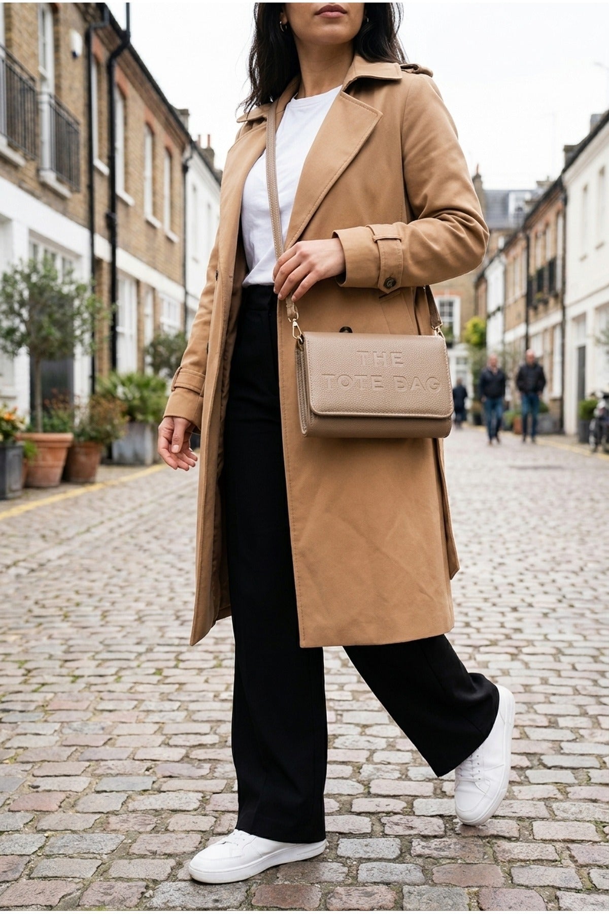 Constance Pebbled Faux Leather Text Bag - Khaki