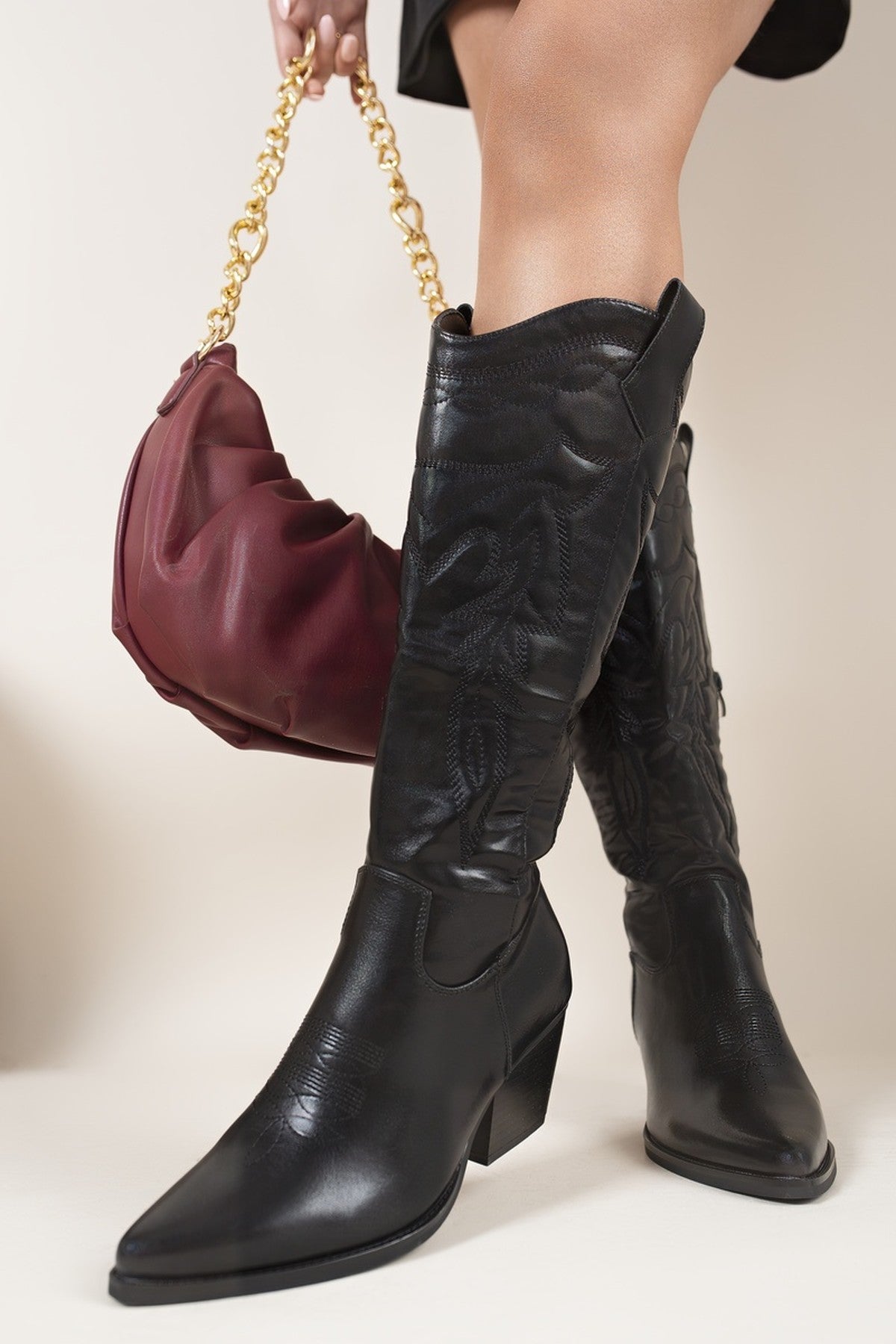 Emira Western Stitch Knee High Block Heel Boots - Black Pu
