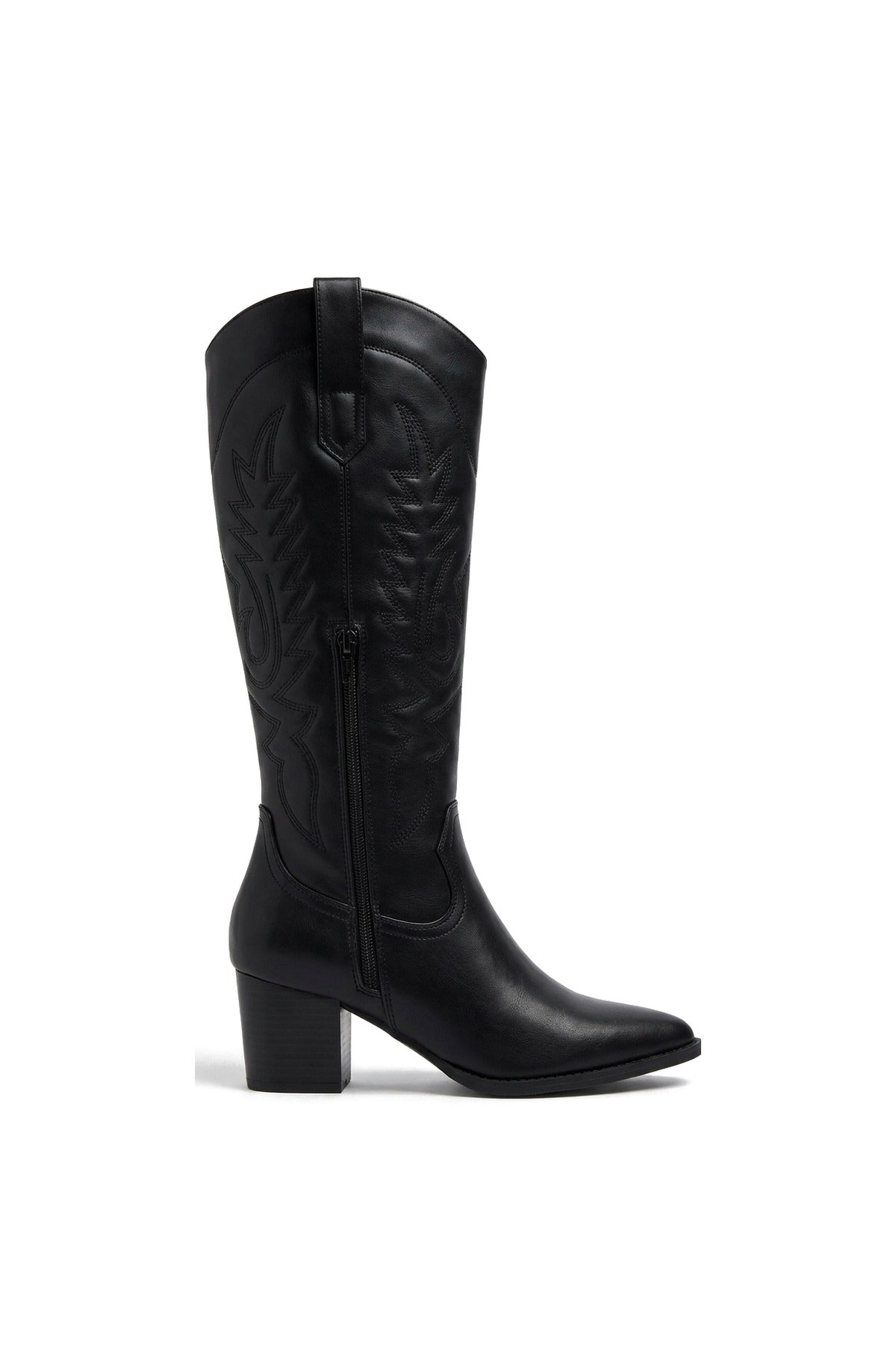 Emira Western Stitch Knee High Block Heel Boots - Black Pu