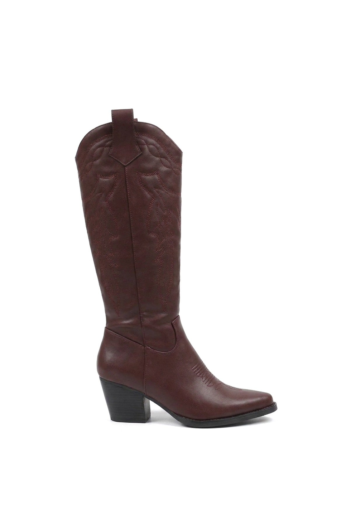 Emira Western Stitch Knee High Block Heel Boots - Wine