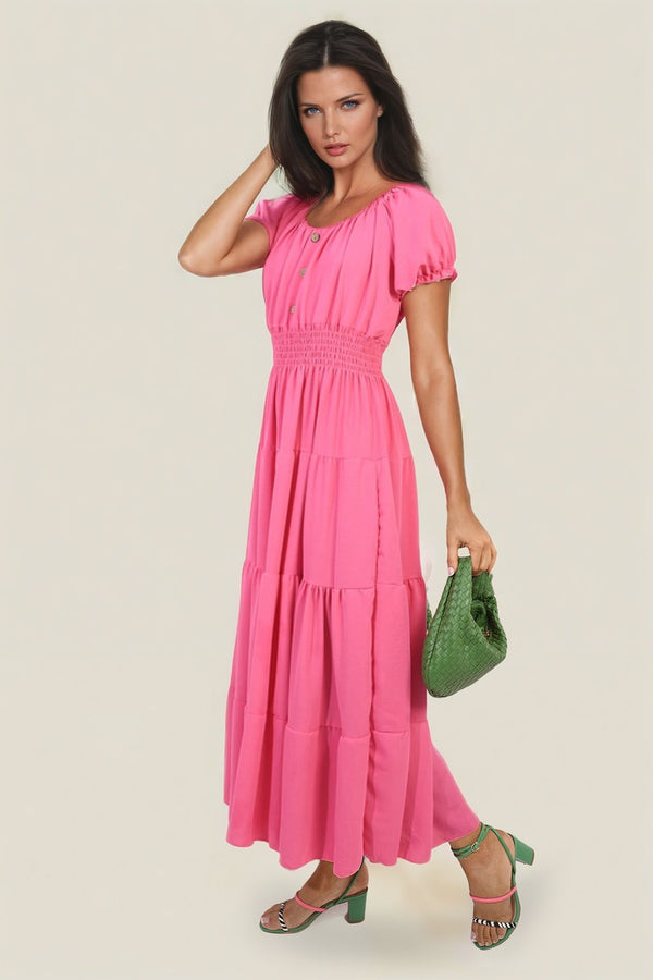 Emmy Smocked Waist Tiered Midi Dress - Fuschia