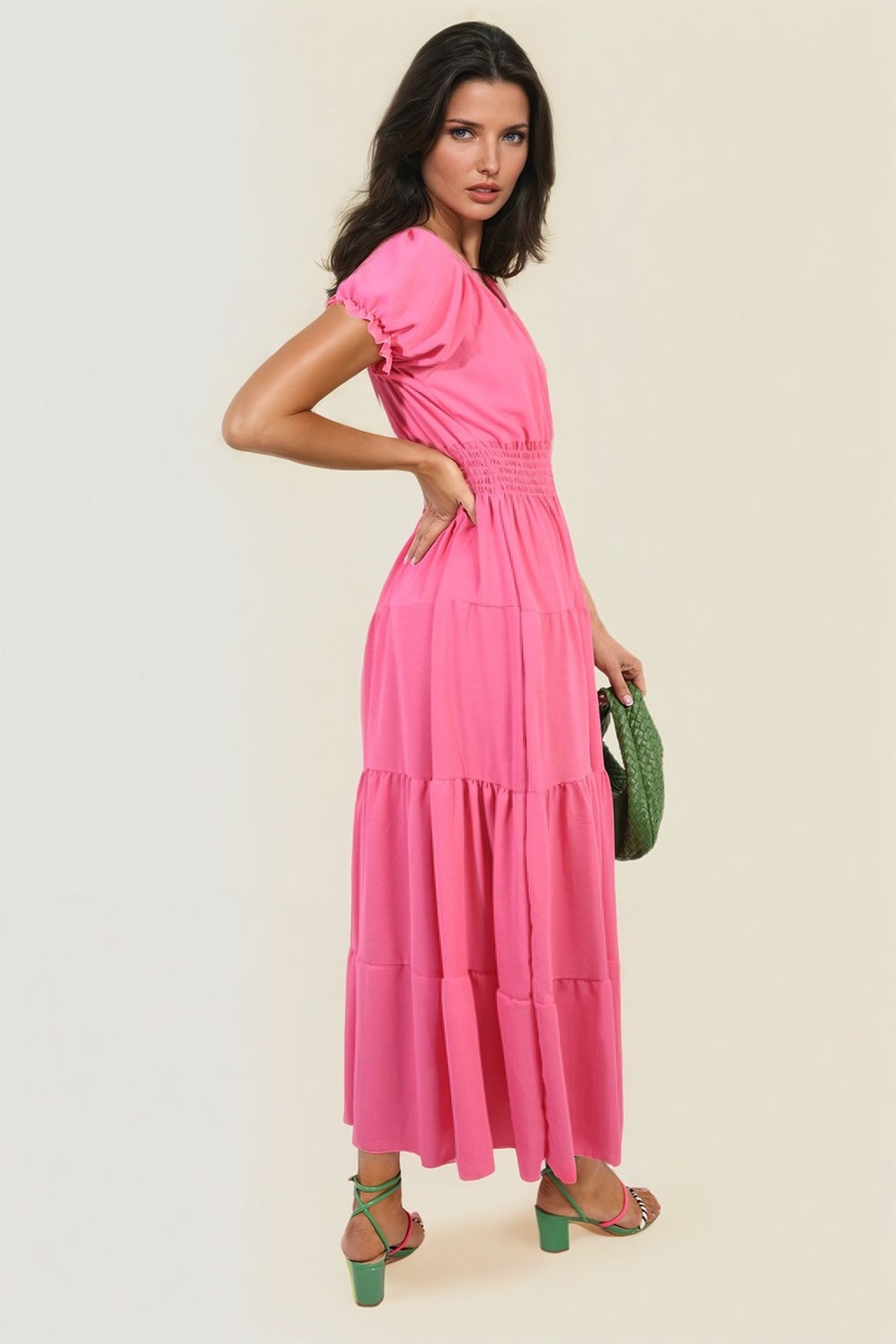 Emmy Smocked Waist Tiered Midi Dress - Fuschia