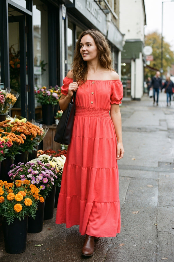 Emmy Smocked Waist Tiered Midi Dress - Red