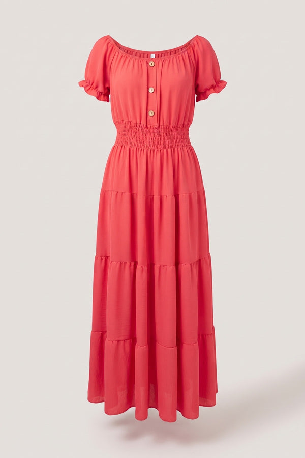 Emmy Smocked Waist Tiered Midi Dress - Red