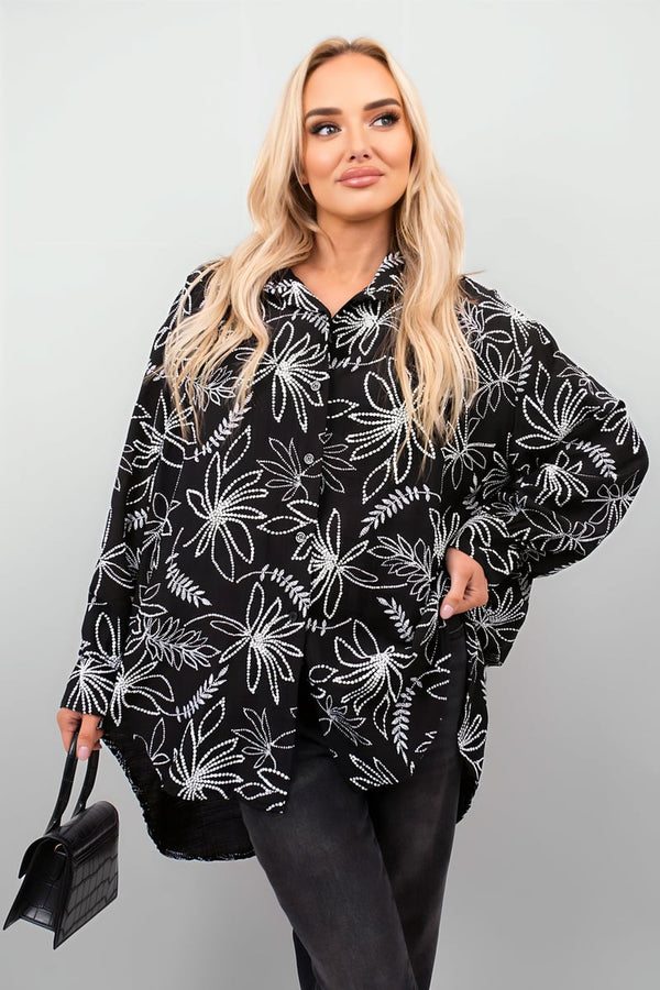 Erin Floral Print Oversized Long Sleeve Button Down Top - Black