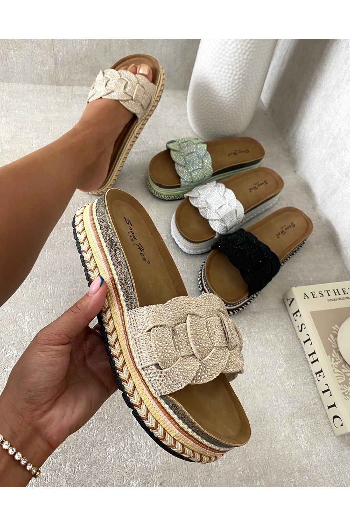 Erin Open Toe Embellished Strap Slide Platform Sandals - Beige